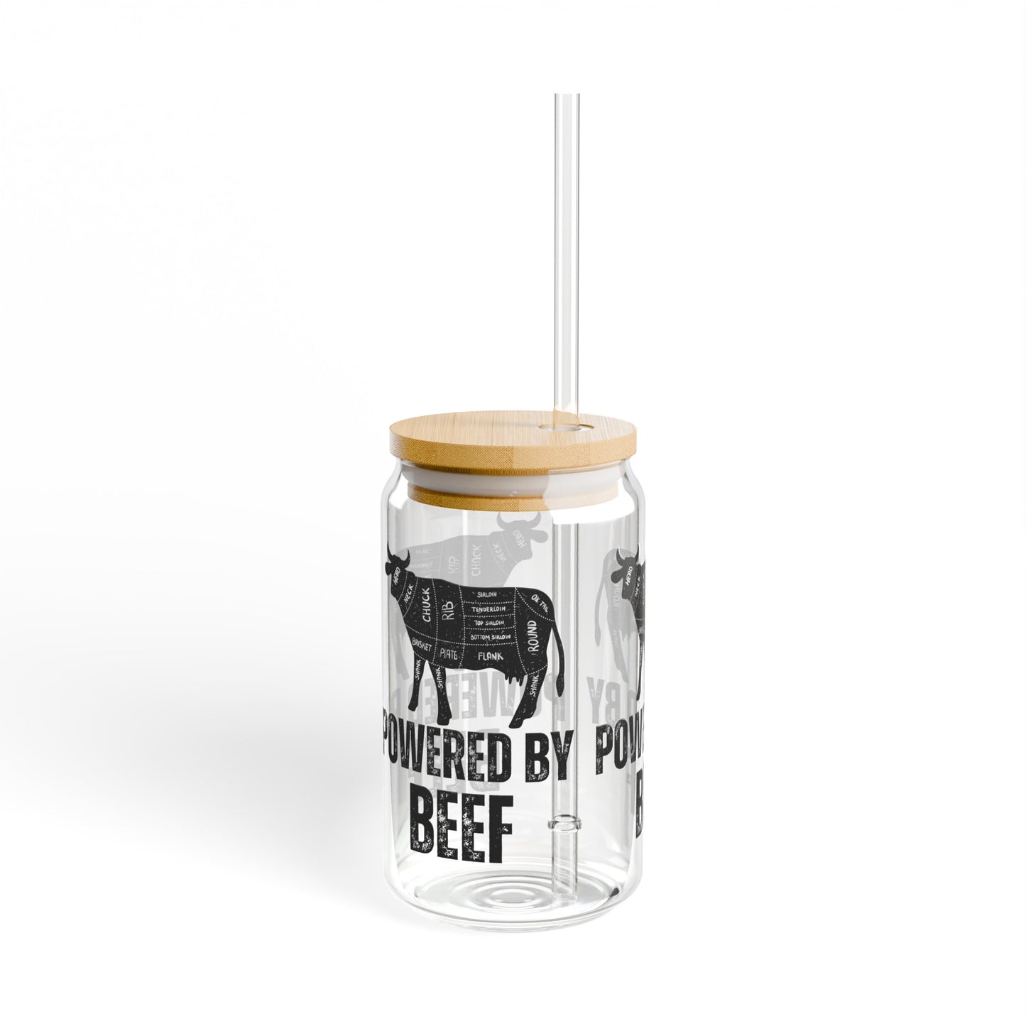 Powered By Beef Glass Carnivore gift idea for Dad or Mom gifts for Meat Lover Cute Sipper Glasses with Bamboo Lid Funny Drink ware