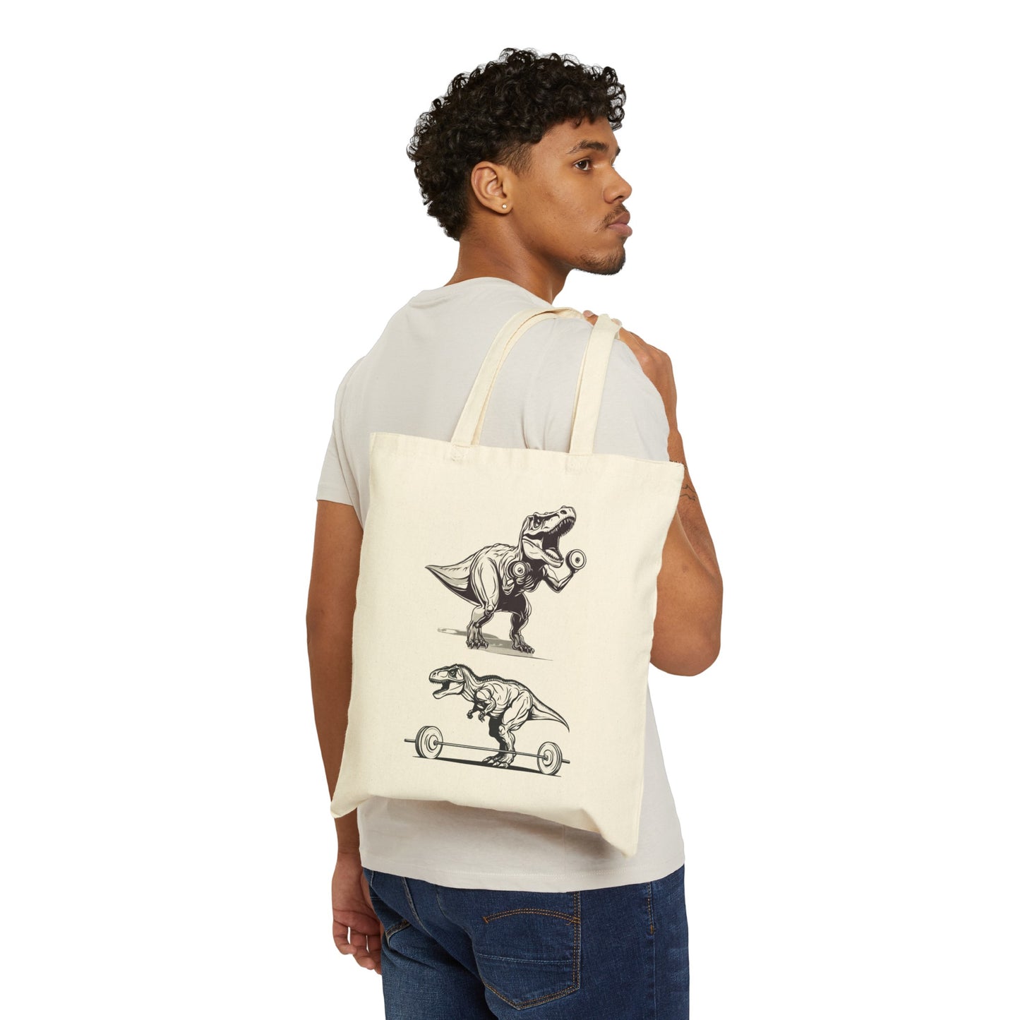 Funny Dinosaur Working Out Tote Bag T-rex Lifting Weights Canvas Tote Bag for Dinosaurs Lover gift for Gym Rat Fitness bags Workout Bag