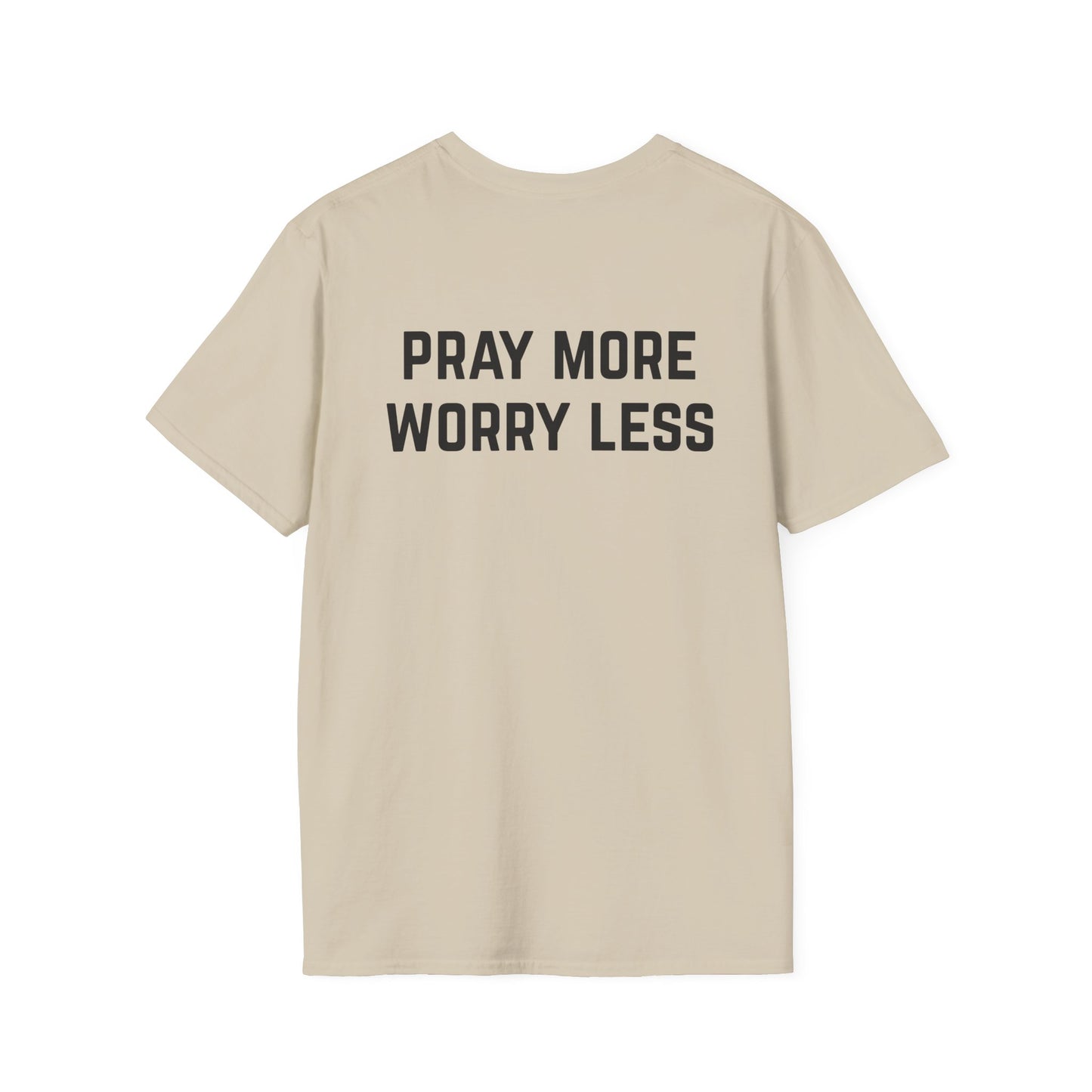 Pray More Worry Less Unisex Softstyle T-Shirt, Religious Tee, Positive Vibes Shirt, Inspirational Apparel, Faith Gift, Christian Clothing