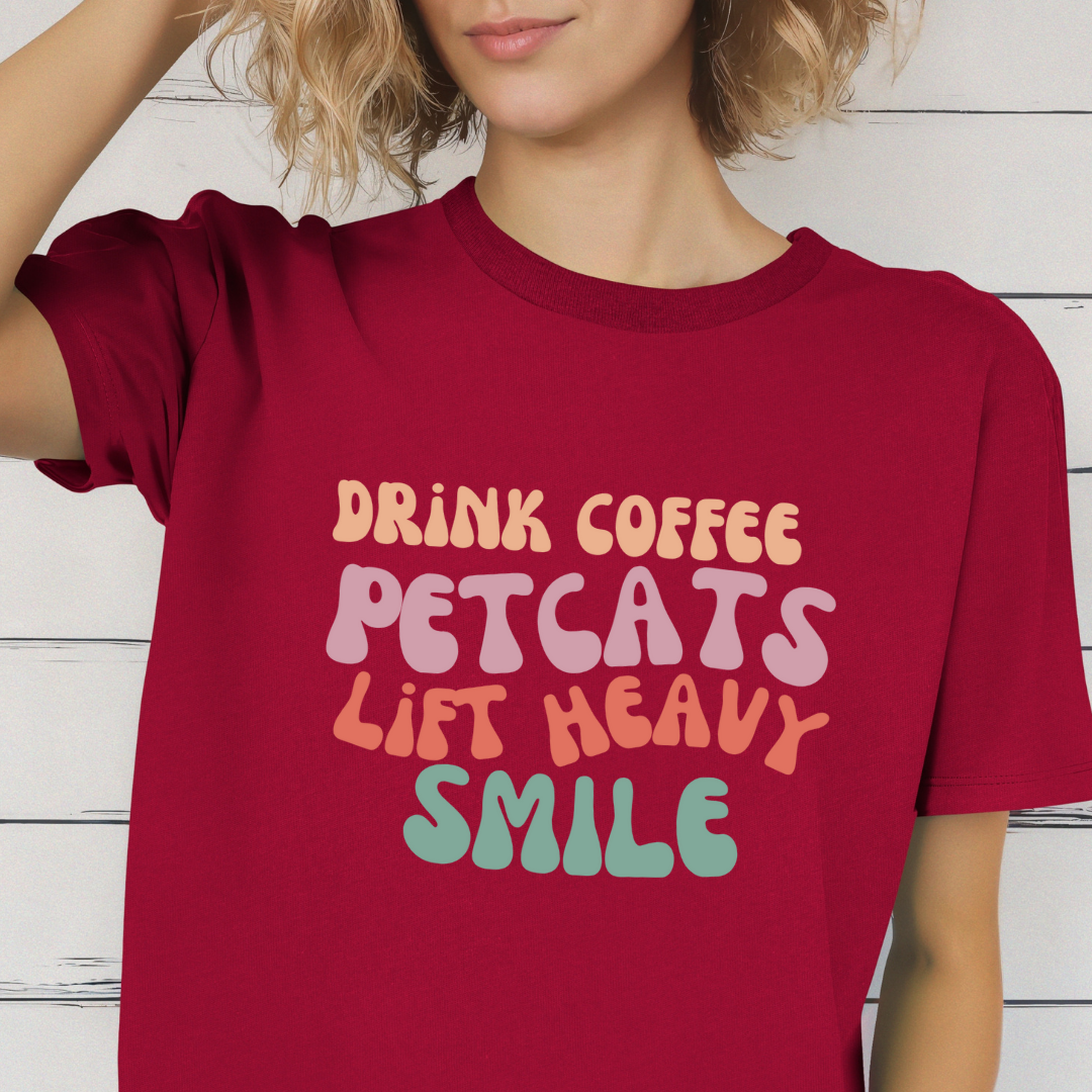 Cute Retro Graphic Tee Drink Coffee Tshirt Pet Cats T-shirts Lift Heavy T-shirt Smile T Shirts for Cat Lover gifts for Gym Tees Workout tees
