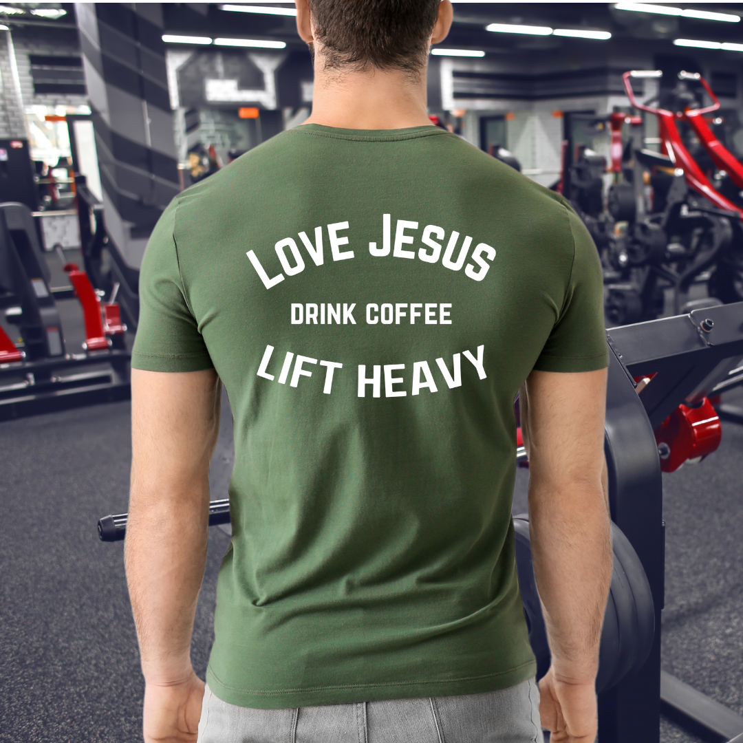 Love Jesus Shirt Lift Heavy Drink Coffee T-shirt for Coffee Lover Tee Shirts for Coffee Addict T-shirts for Christian workout tshirt for gym