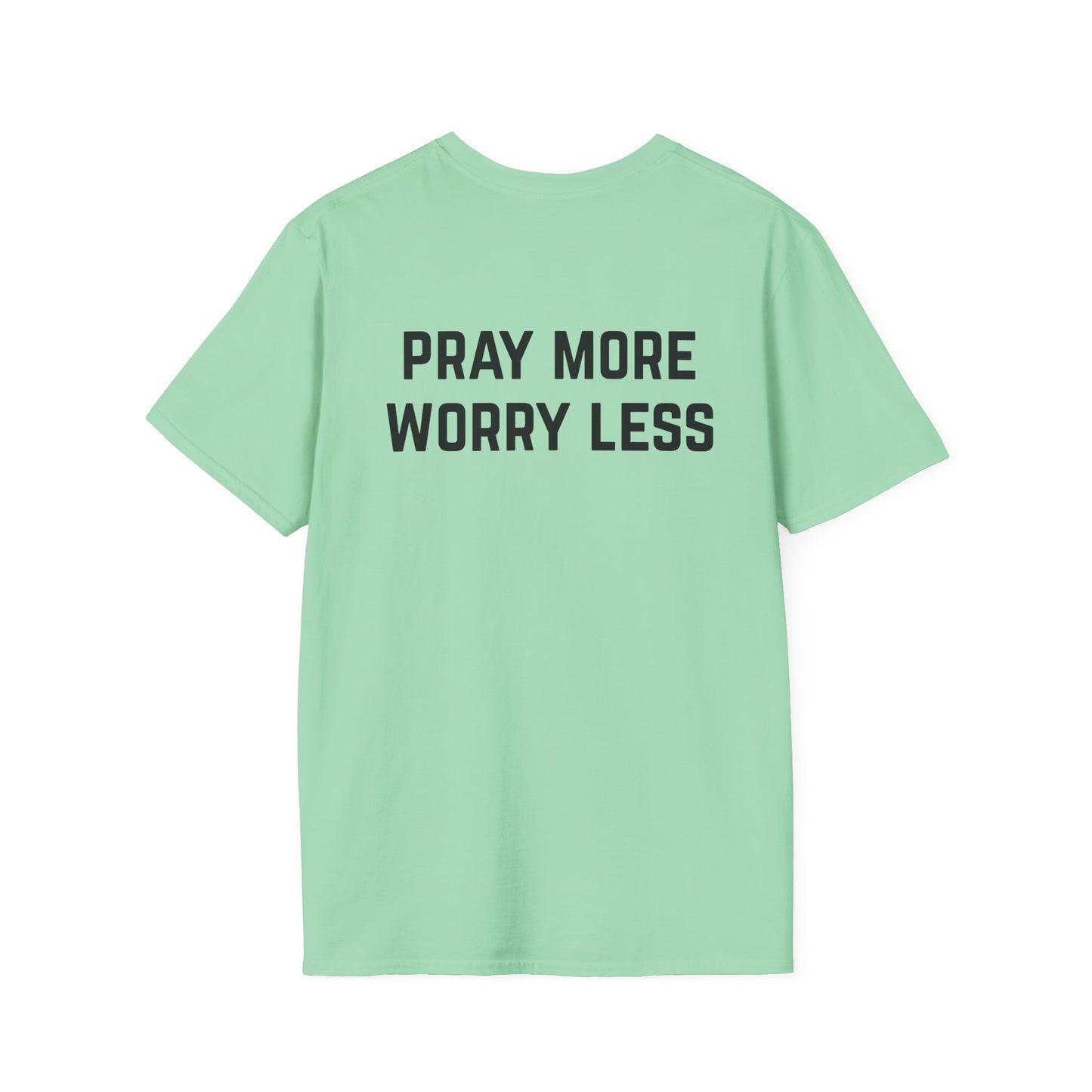 Pray More Worry Less Unisex Softstyle T-Shirt, Religious Tee, Positive Vibes Shirt, Inspirational Apparel, Faith Gift, Christian Clothing