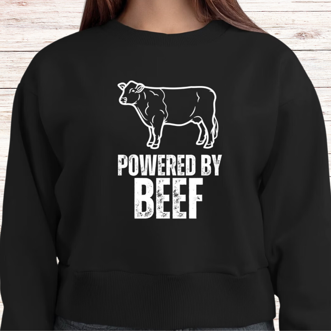 Funny Beef Lover Pullover sweater for Carnivore gift for Meat Lover for Steak Lover Sweat Shirt POWERED BY BEEF Cow SweatShirt
