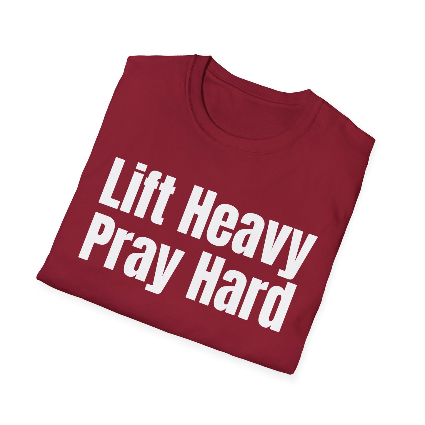 Christian Workout T-Shirt, Religious Exercise Shirt, Inspirational Gym Tee, Unisex Softstyle Top, Lift Heavy Pray Hard Apparel