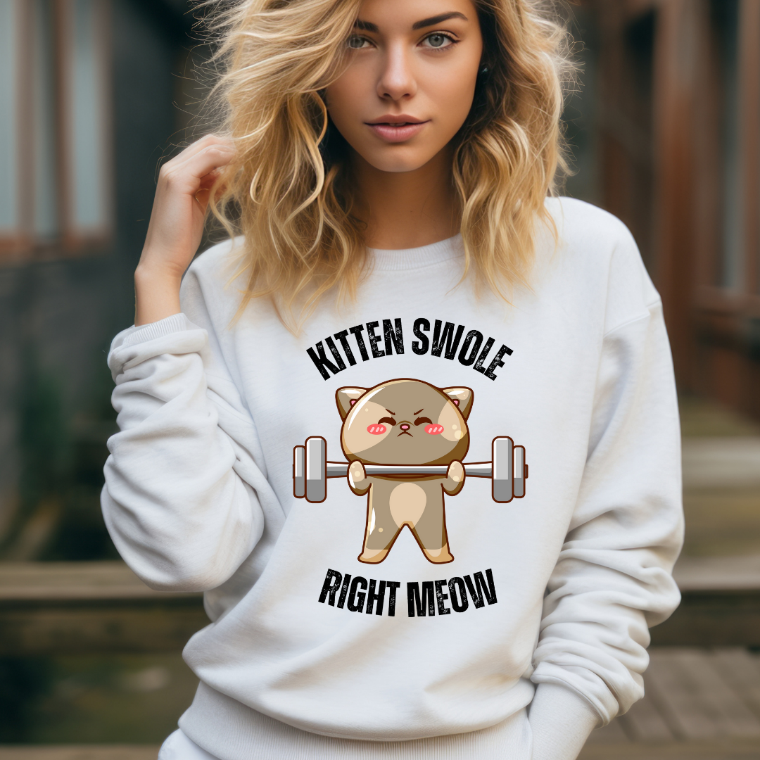 Kitten Swole Right Meow Sweatshirt Funny Cat Pun Sweatshirts Kitty Saying Quote for Gym Lover gifts for Cat Lover Sweatshirt Cute Pullover for Her