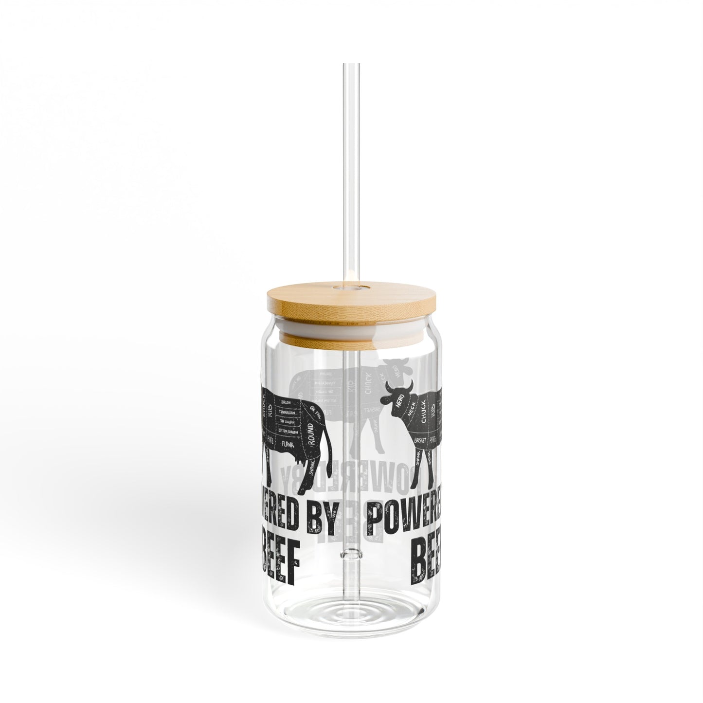 Powered By Beef Glass Carnivore gift idea for Dad or Mom gifts for Meat Lover Cute Sipper Glasses with Bamboo Lid Funny Drink ware