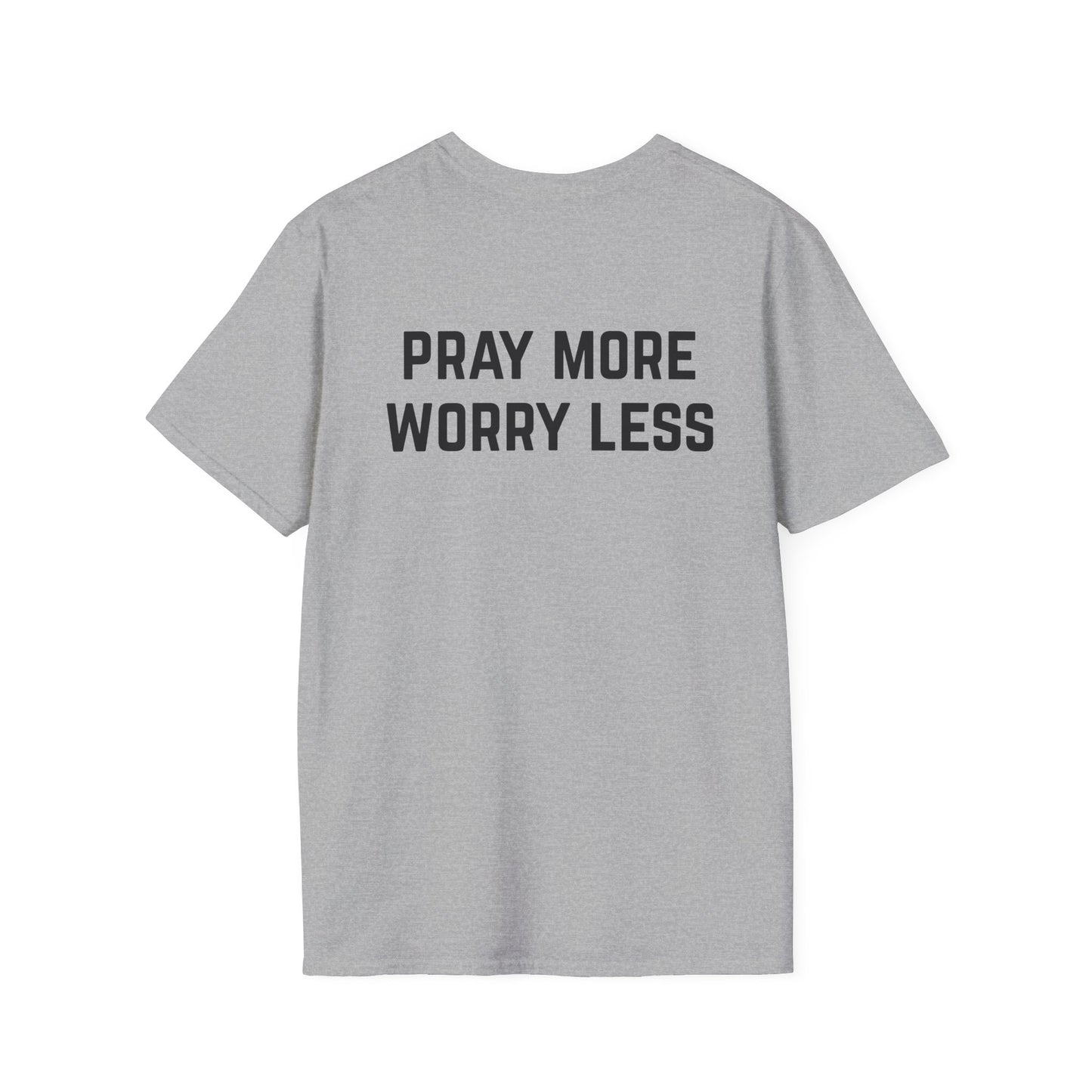 Pray More Worry Less Unisex Softstyle T-Shirt, Religious Tee, Positive Vibes Shirt, Inspirational Apparel, Faith Gift, Christian Clothing