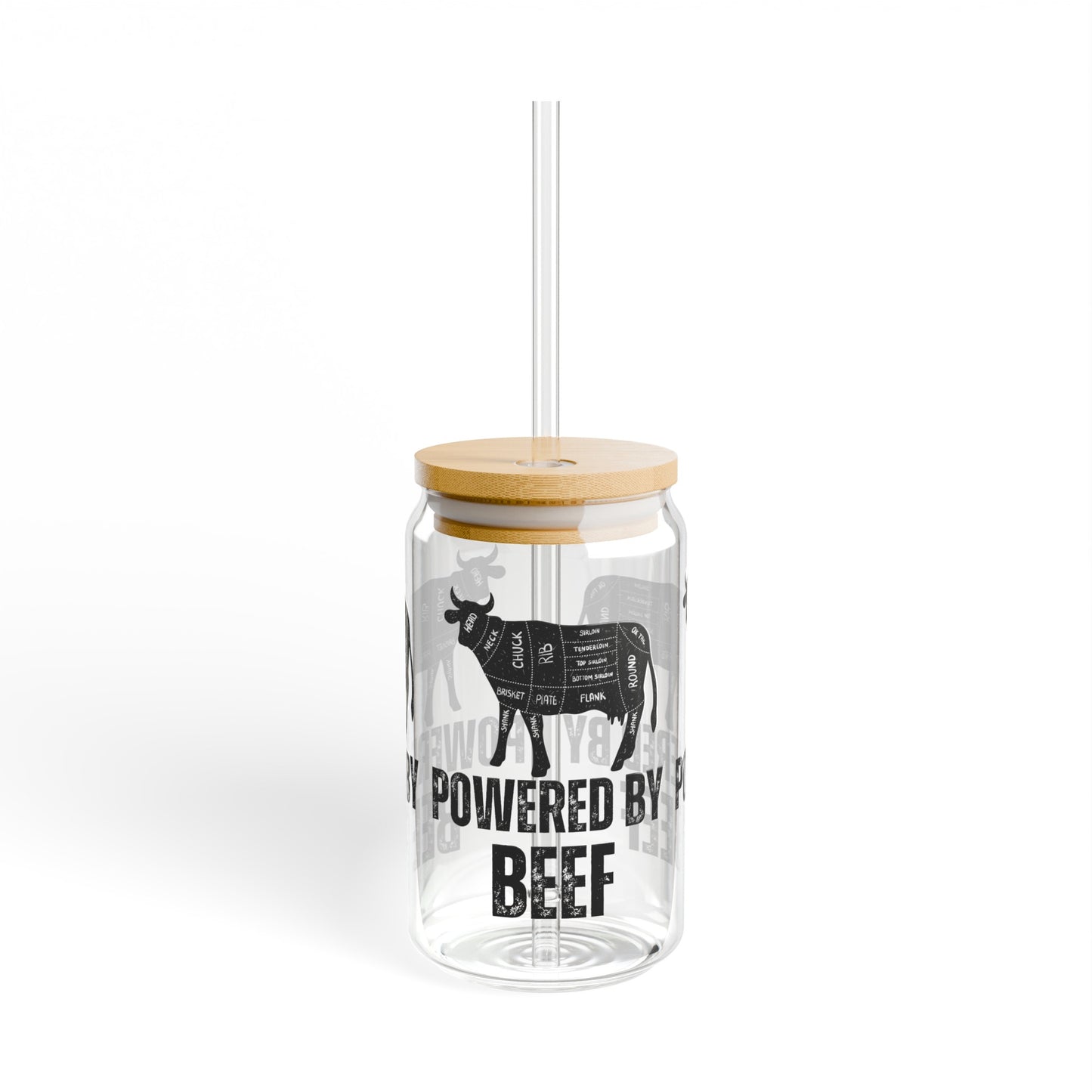 Powered By Beef Glass Carnivore gift idea for Dad or Mom gifts for Meat Lover Cute Sipper Glasses with Bamboo Lid Funny Drink ware