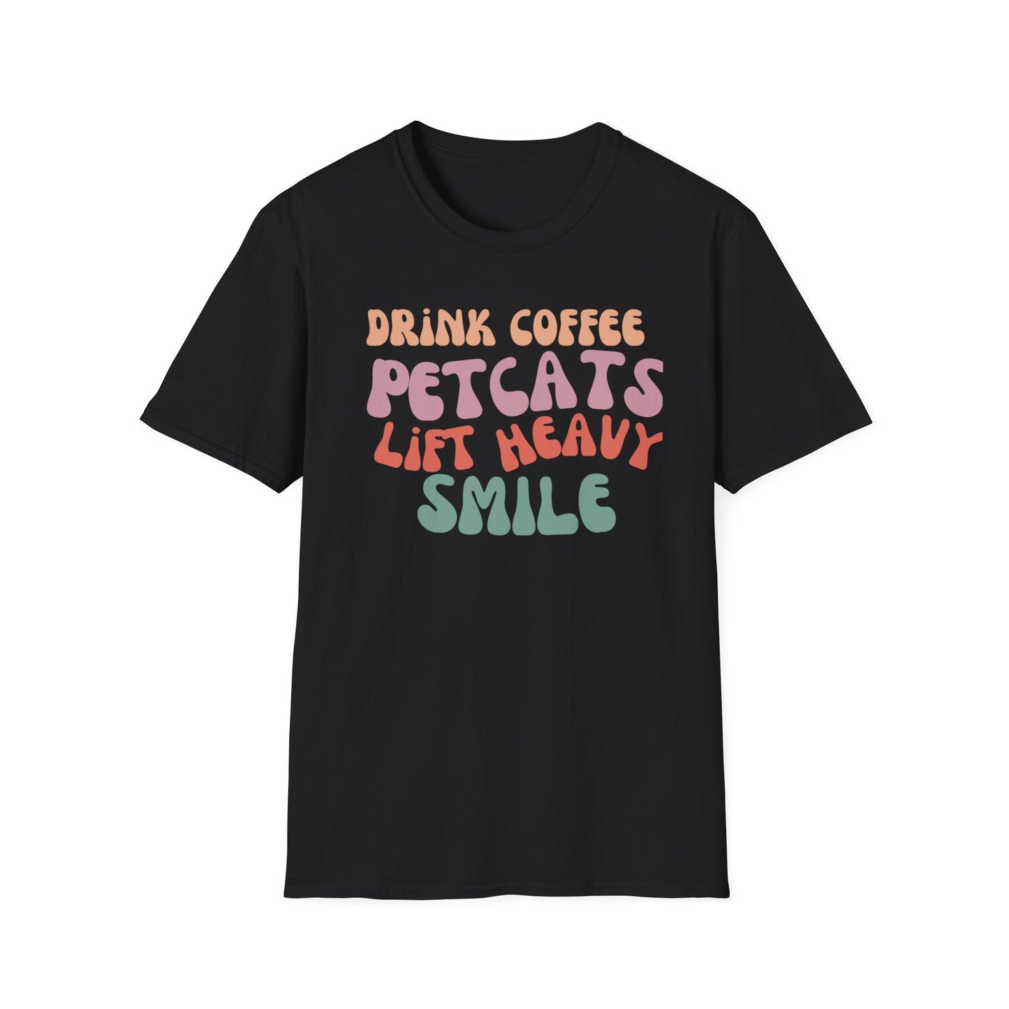 Cute Retro Graphic Tee Drink Coffee Tshirt Pet Cats T-shirts Lift Heavy T-shirt Smile T Shirts for Cat Lover gifts for Gym Tees Workout tees
