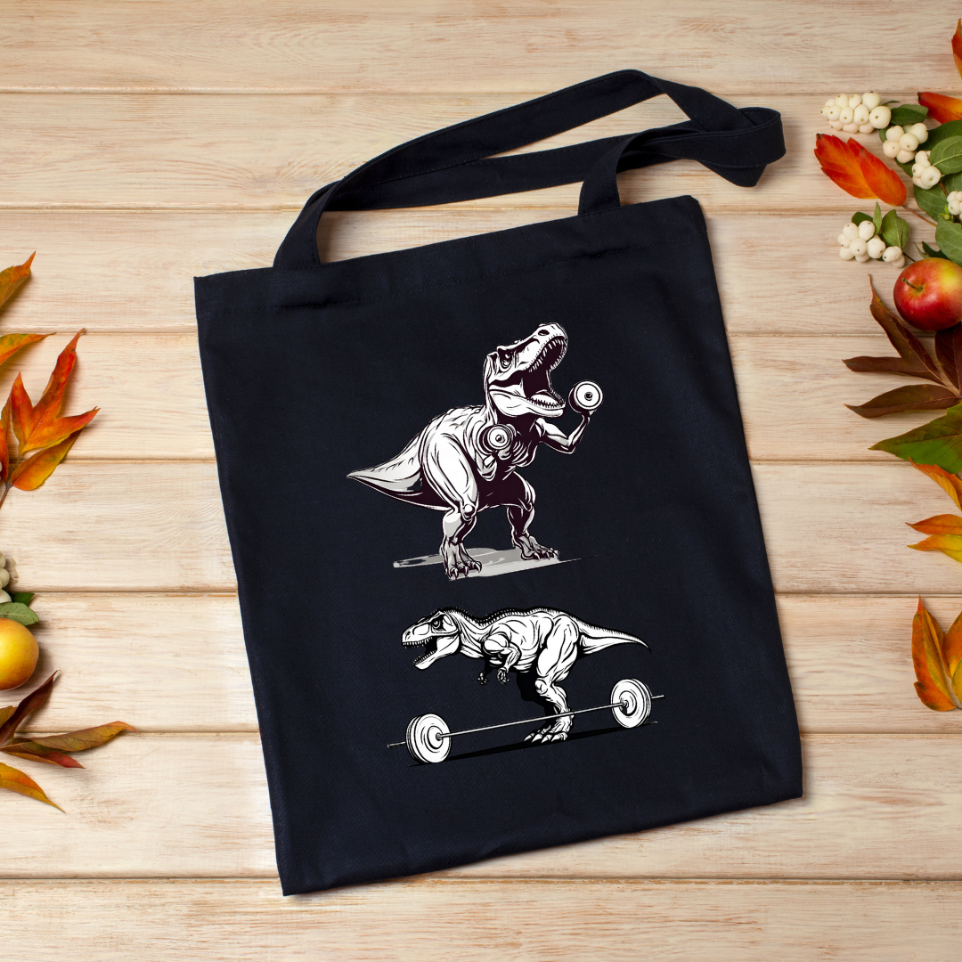 Funny Dinosaur Working Out Tote Bag T-rex Lifting Weights Canvas Tote Bag for Dinosaurs Lover gift for Gym Rat Fitness bags Workout Bag