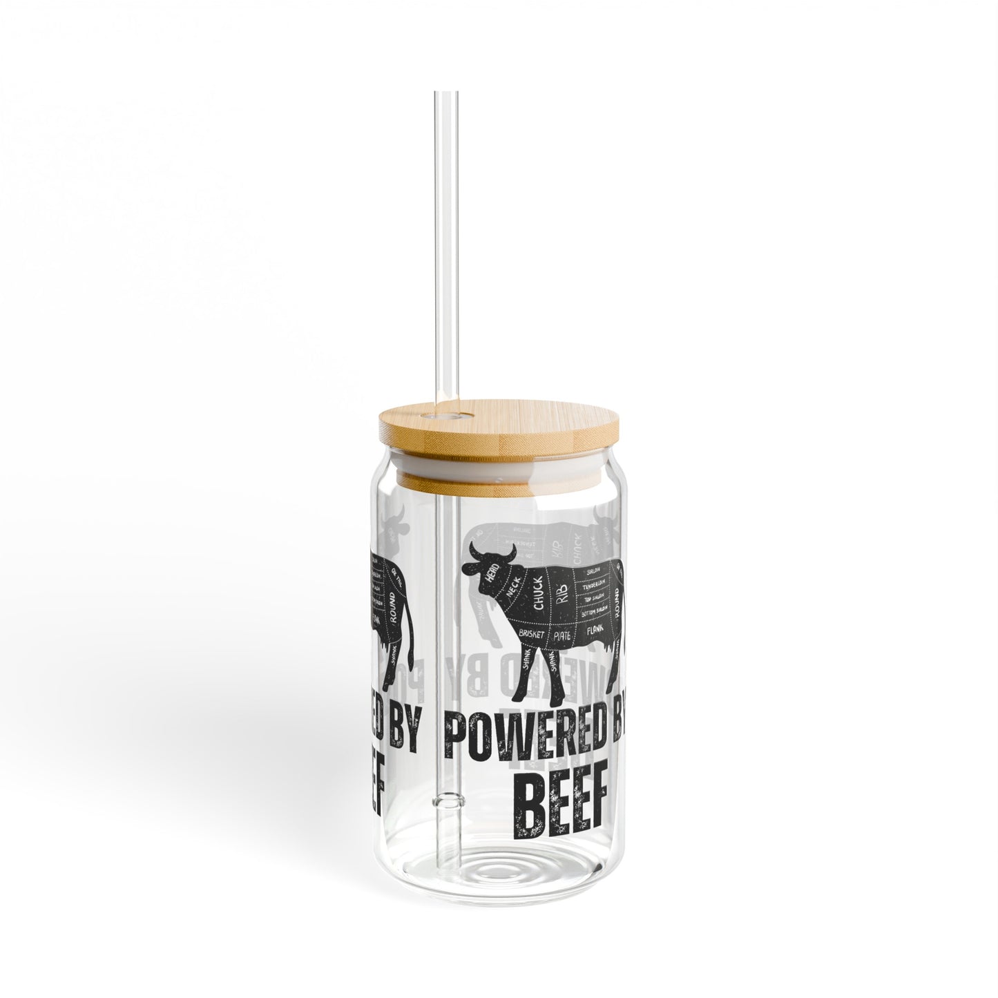 Powered By Beef Glass Carnivore gift idea for Dad or Mom gifts for Meat Lover Cute Sipper Glasses with Bamboo Lid Funny Drink ware