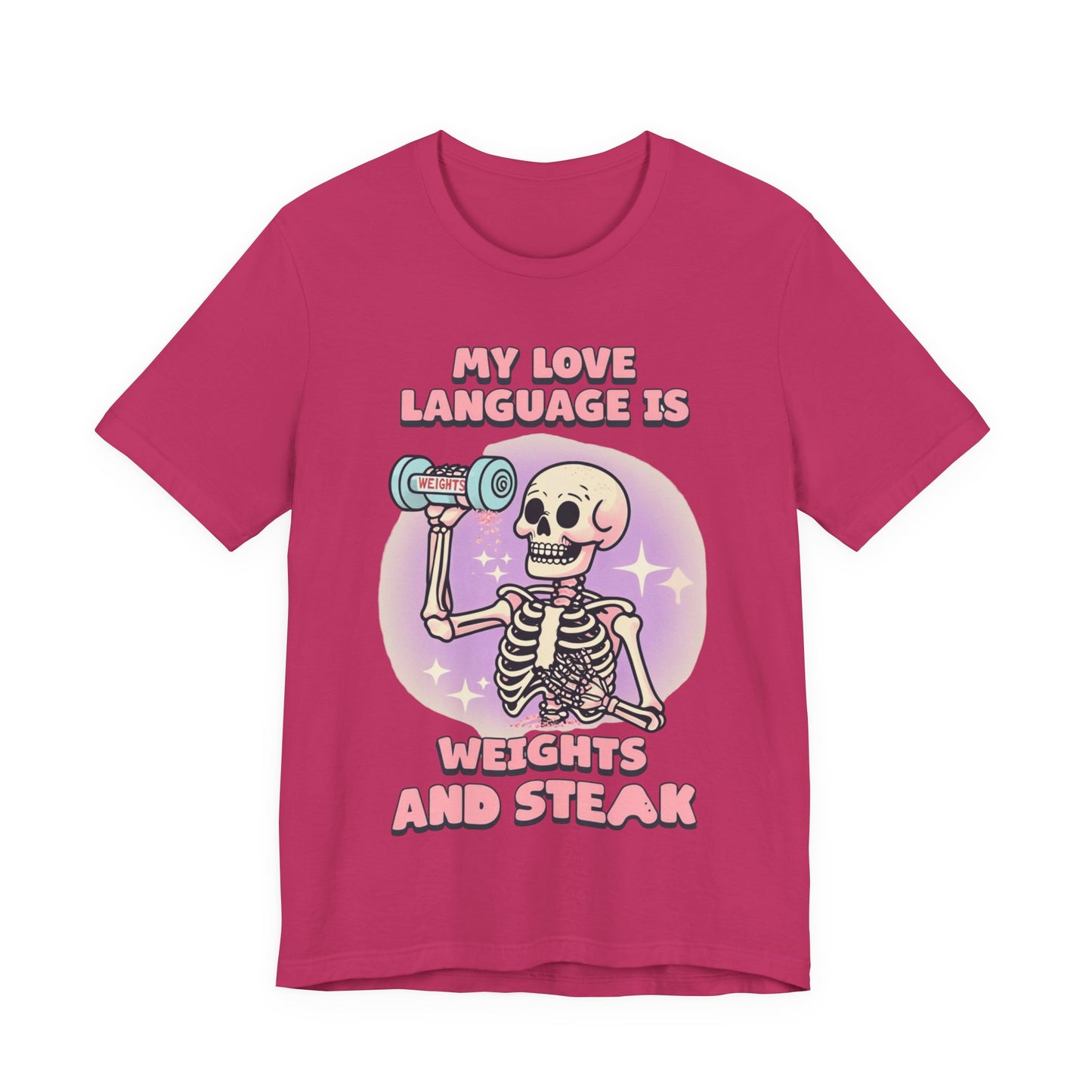 Funny Halloween Weights and Steak Skeleton Unisex Tee, Workout Shirt, Gym T-Shirt, Halloween Costume, Spooky Graphic Tee