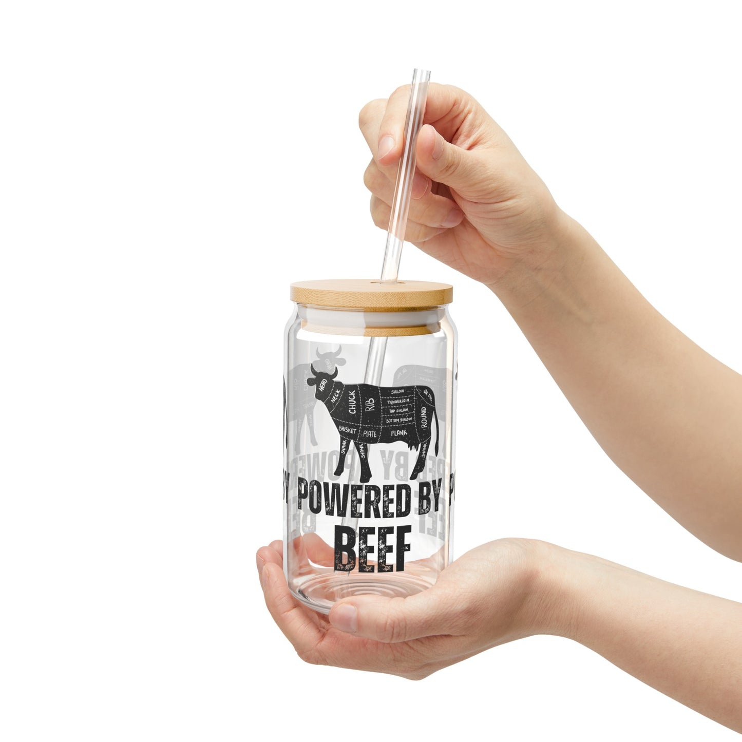 Powered By Beef Glass Carnivore gift idea for Dad or Mom gifts for Meat Lover Cute Sipper Glasses with Bamboo Lid Funny Drink ware