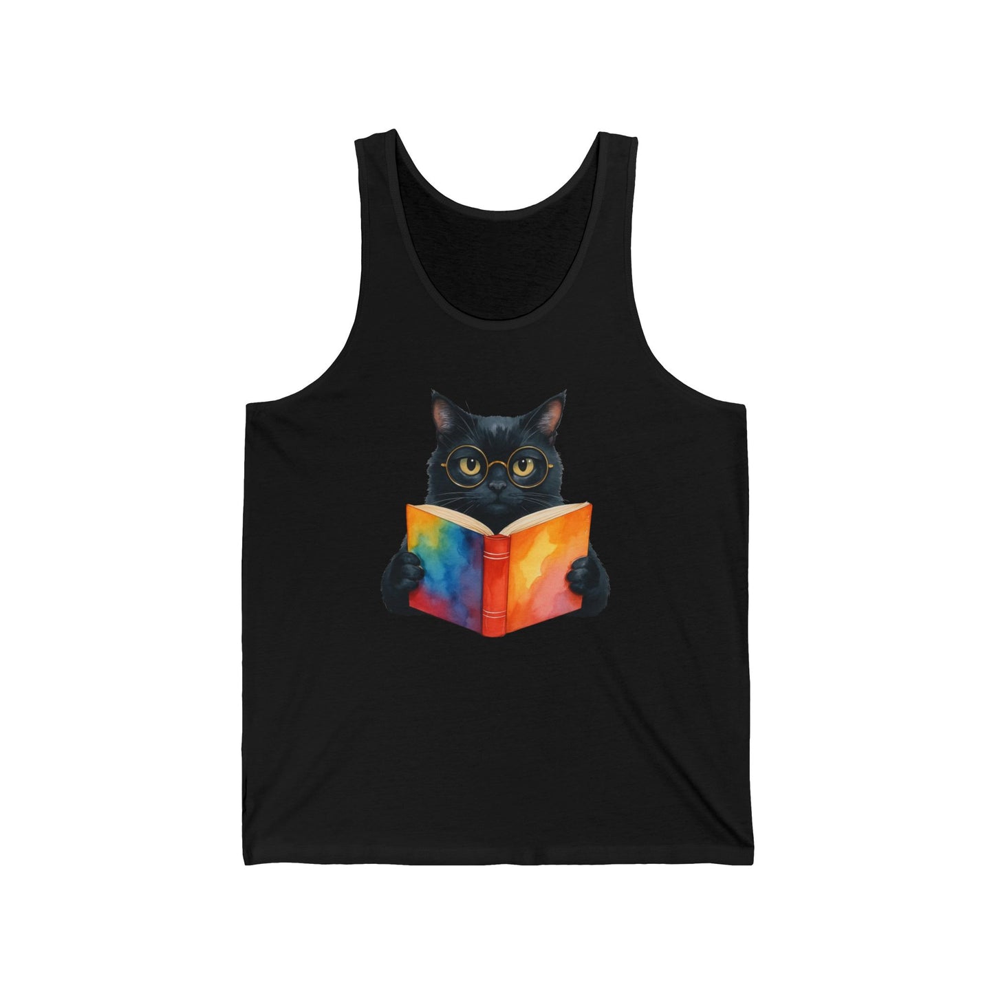 Black Cat Reading a Book Tank Top - Unisex Jersey Tank, Cat Lover Sleeveless Shirt, Bookworm Graphic Tee, Animal Print Vest, Cute Kitten