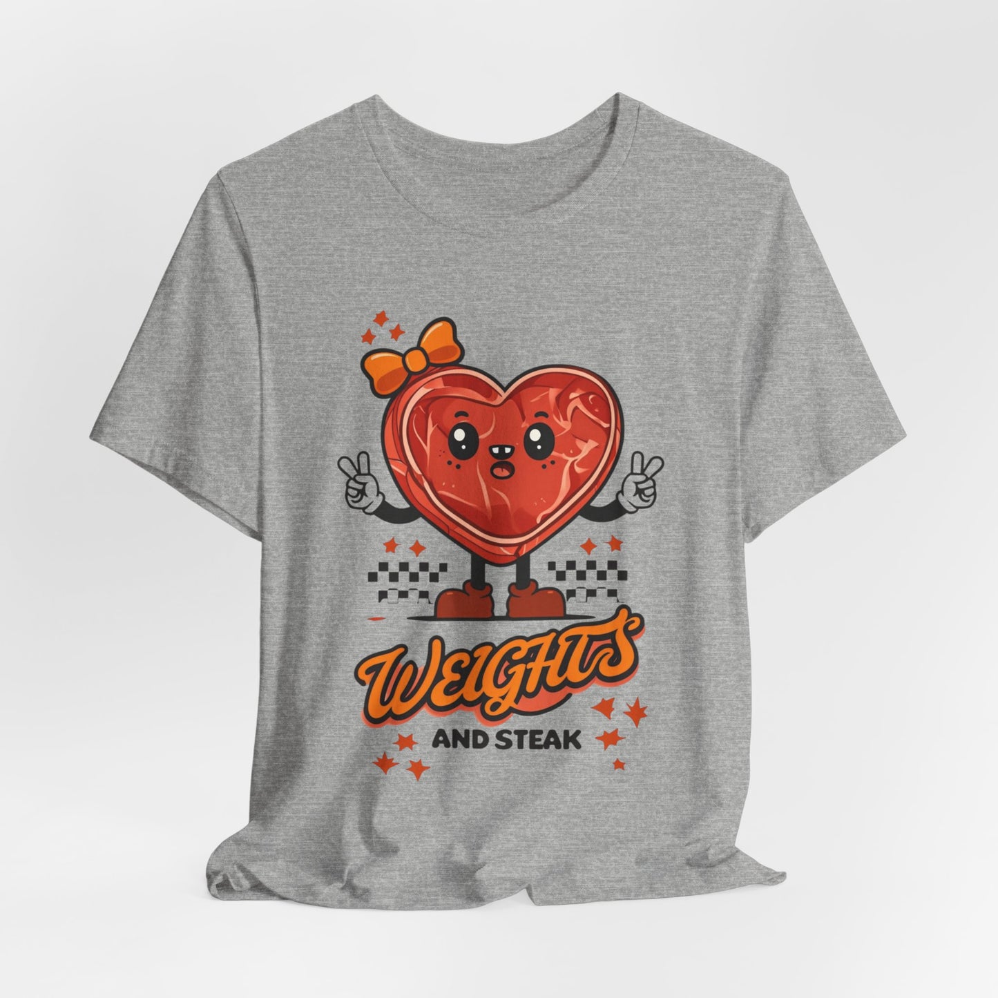Funny Weights and Steak Unisex Tee, Gym Rat Workout Lover Gift Shirt, Fitness Apparel, Hilarious Exercise Top, Weightlifting Humor T-Shirt