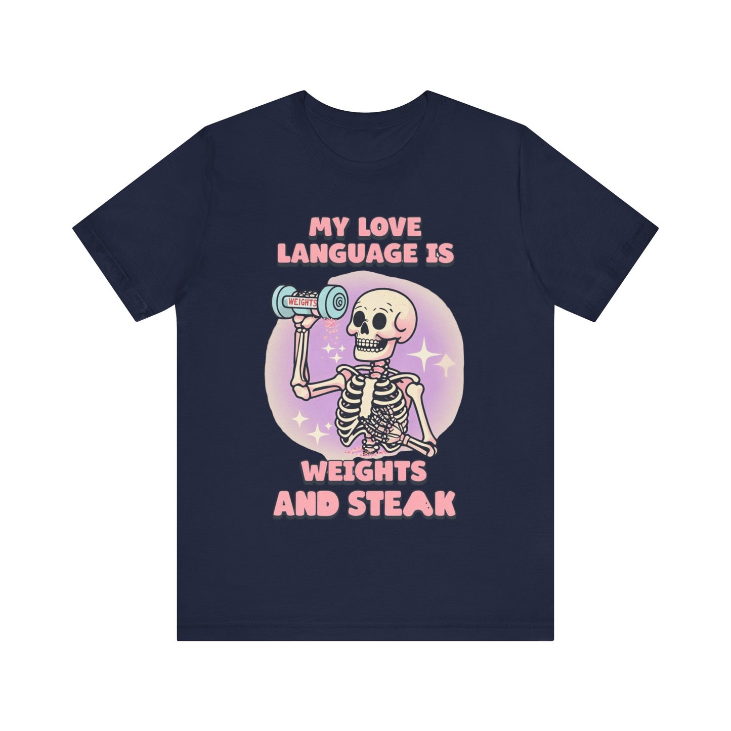 Funny Halloween Weights and Steak Skeleton Unisex Tee, Workout Shirt, Gym T-Shirt, Halloween Costume, Spooky Graphic Tee