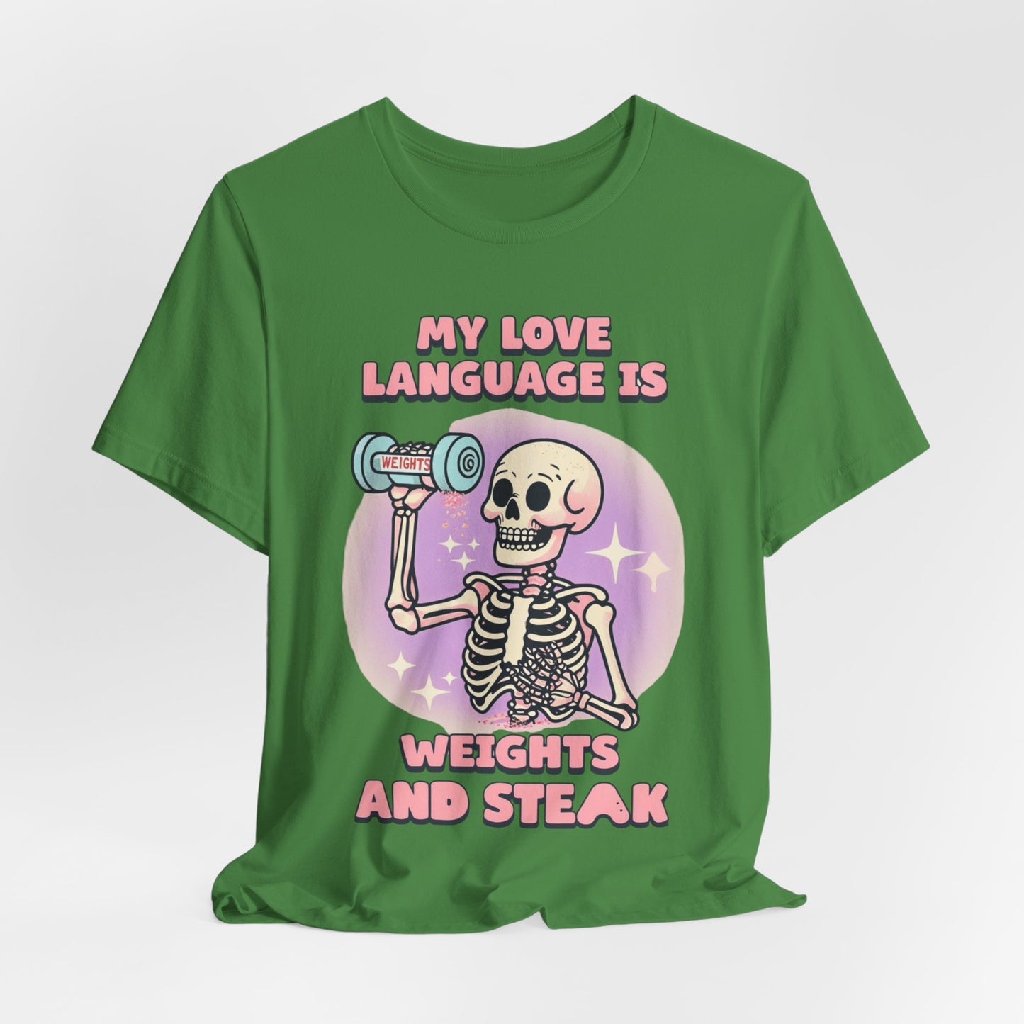 Funny Halloween Weights and Steak Skeleton Unisex Tee, Workout Shirt, Gym T-Shirt, Halloween Costume, Spooky Graphic Tee