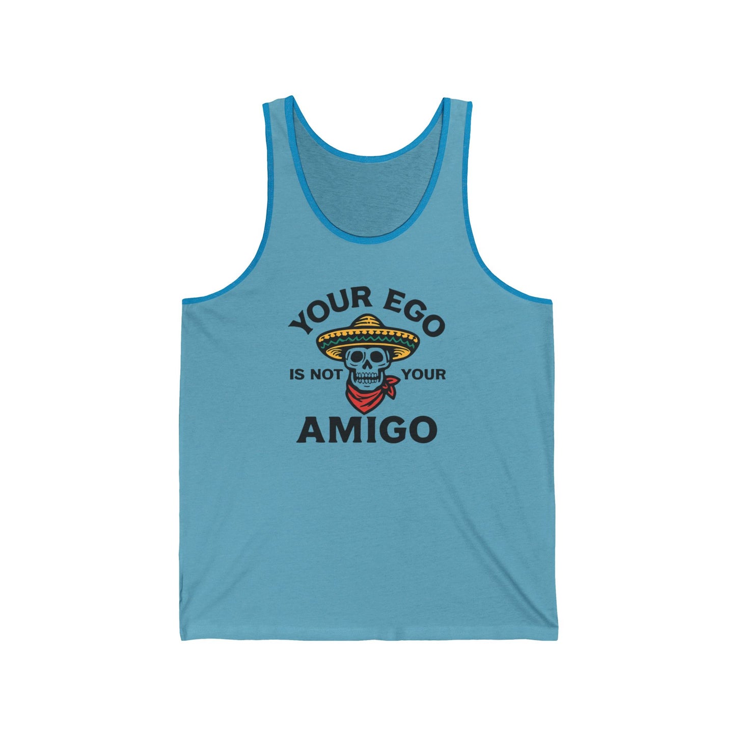 Funny Skull Unisex Jersey Tank Top, Your Ego Is Not Your Amigo, Spanish Sleeveless Shirt, Humorous Skeleton Muscle Tee, Cool Graphic Tee
