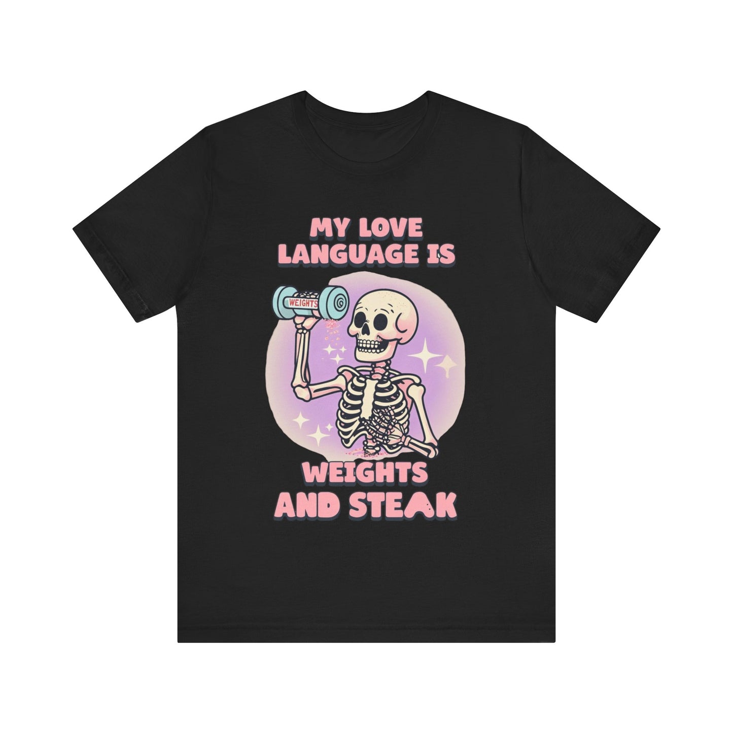 Funny Halloween Weights and Steak Skeleton Unisex Tee, Workout Shirt, Gym T-Shirt, Halloween Costume, Spooky Graphic Tee
