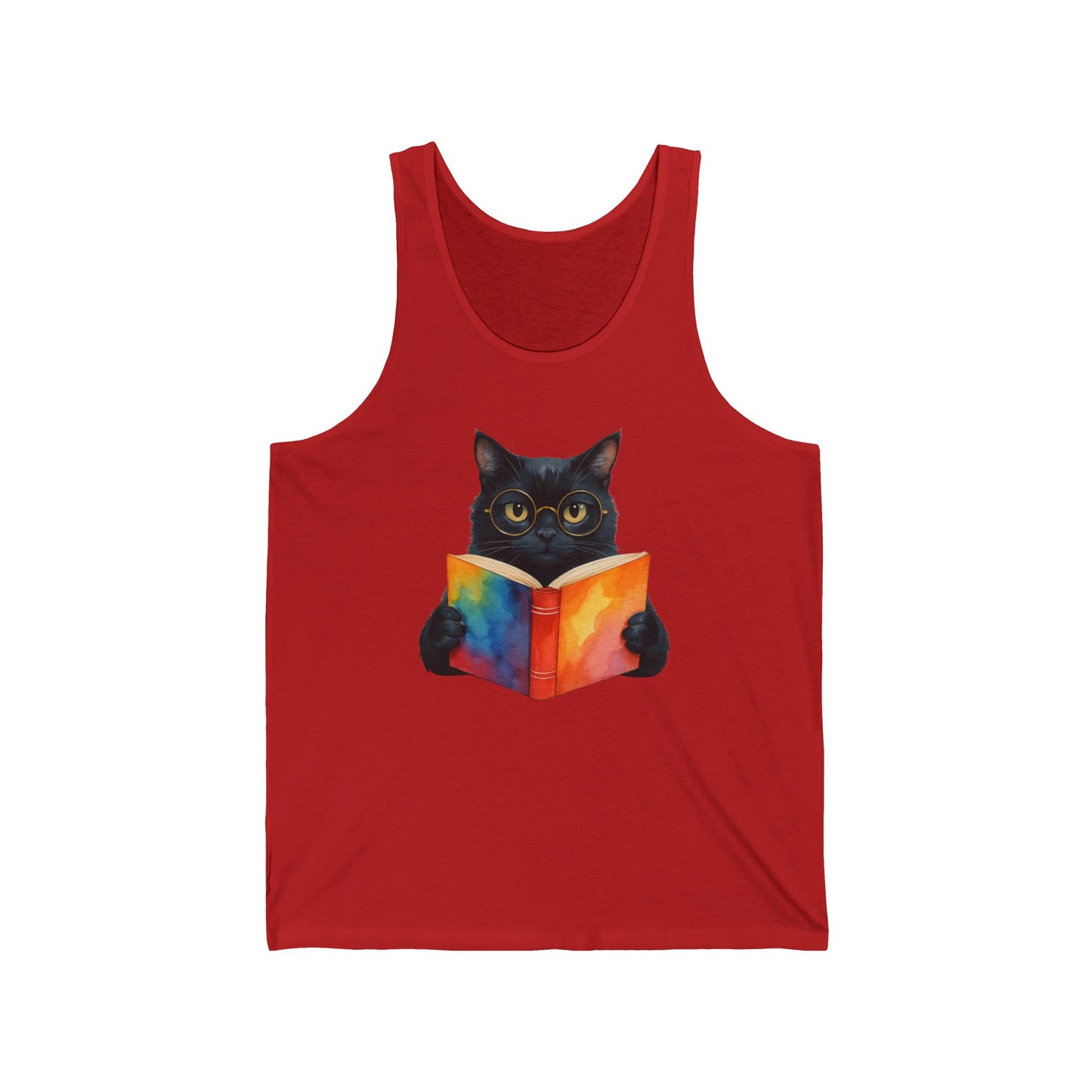 Black Cat Reading a Book Tank Top - Unisex Jersey Tank, Cat Lover Sleeveless Shirt, Bookworm Graphic Tee, Animal Print Vest, Cute Kitten
