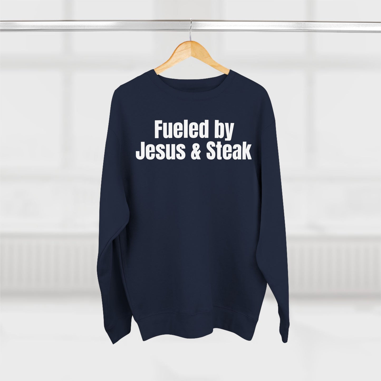 Fueled by Jesus and Steak Unisex Sweatshirt, Christian Crewneck Jumper, Religious Top, Funny Foodie Pullover, Gift for Men and Women