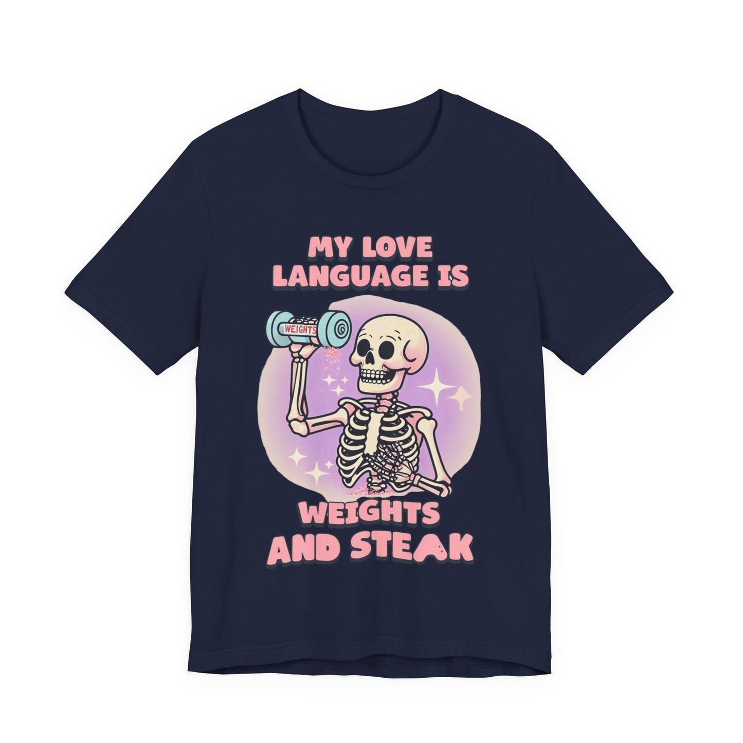 Funny Halloween Weights and Steak Skeleton Unisex Tee, Workout Shirt, Gym T-Shirt, Halloween Costume, Spooky Graphic Tee