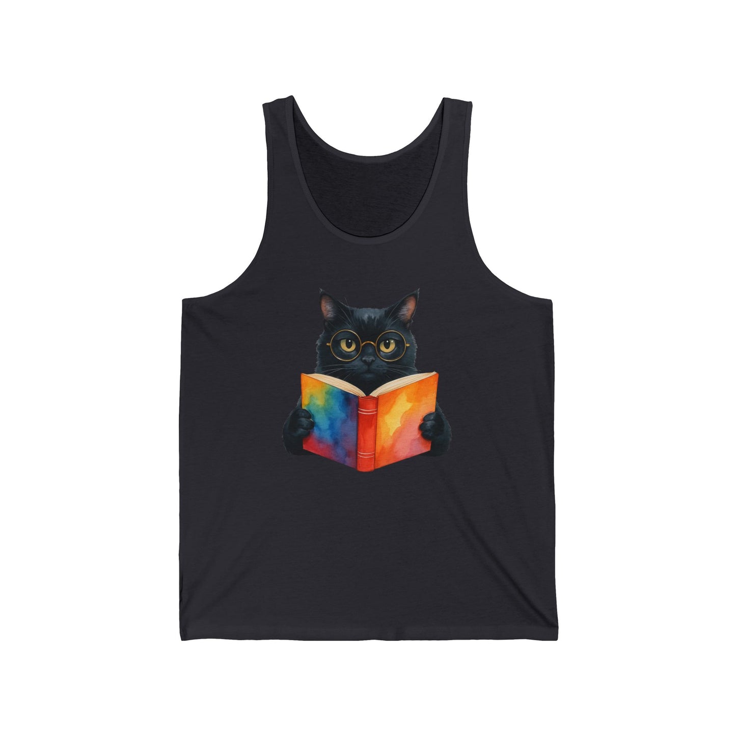 Black Cat Reading a Book Tank Top - Unisex Jersey Tank, Cat Lover Sleeveless Shirt, Bookworm Graphic Tee, Animal Print Vest, Cute Kitten