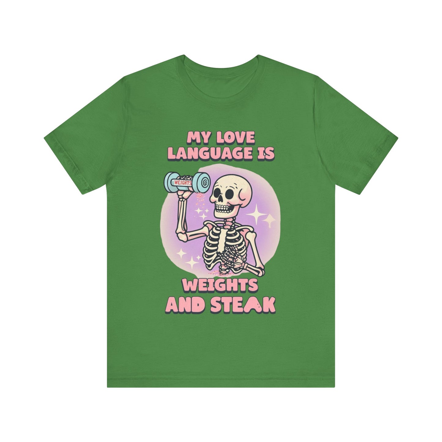 Funny Halloween Weights and Steak Skeleton Unisex Tee, Workout Shirt, Gym T-Shirt, Halloween Costume, Spooky Graphic Tee