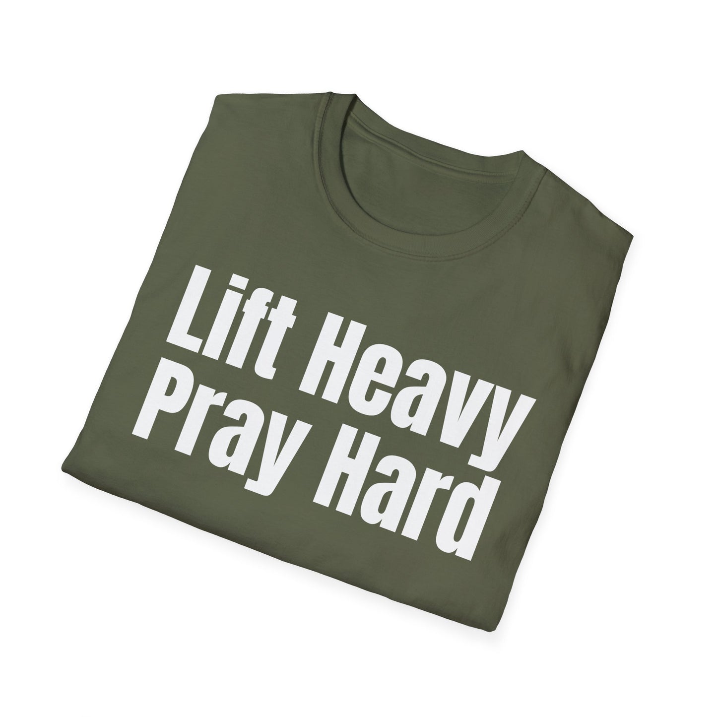 Christian Workout T-Shirt, Religious Exercise Shirt, Inspirational Gym Tee, Unisex Softstyle Top, Lift Heavy Pray Hard Apparel