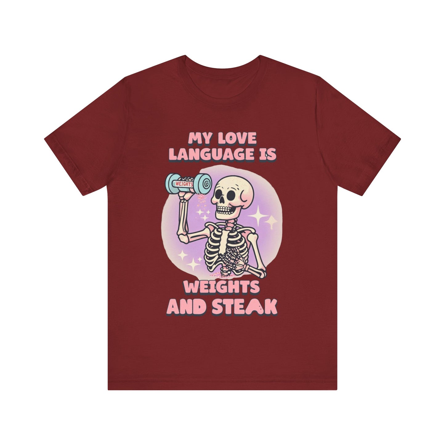 Funny Halloween Weights and Steak Skeleton Unisex Tee, Workout Shirt, Gym T-Shirt, Halloween Costume, Spooky Graphic Tee