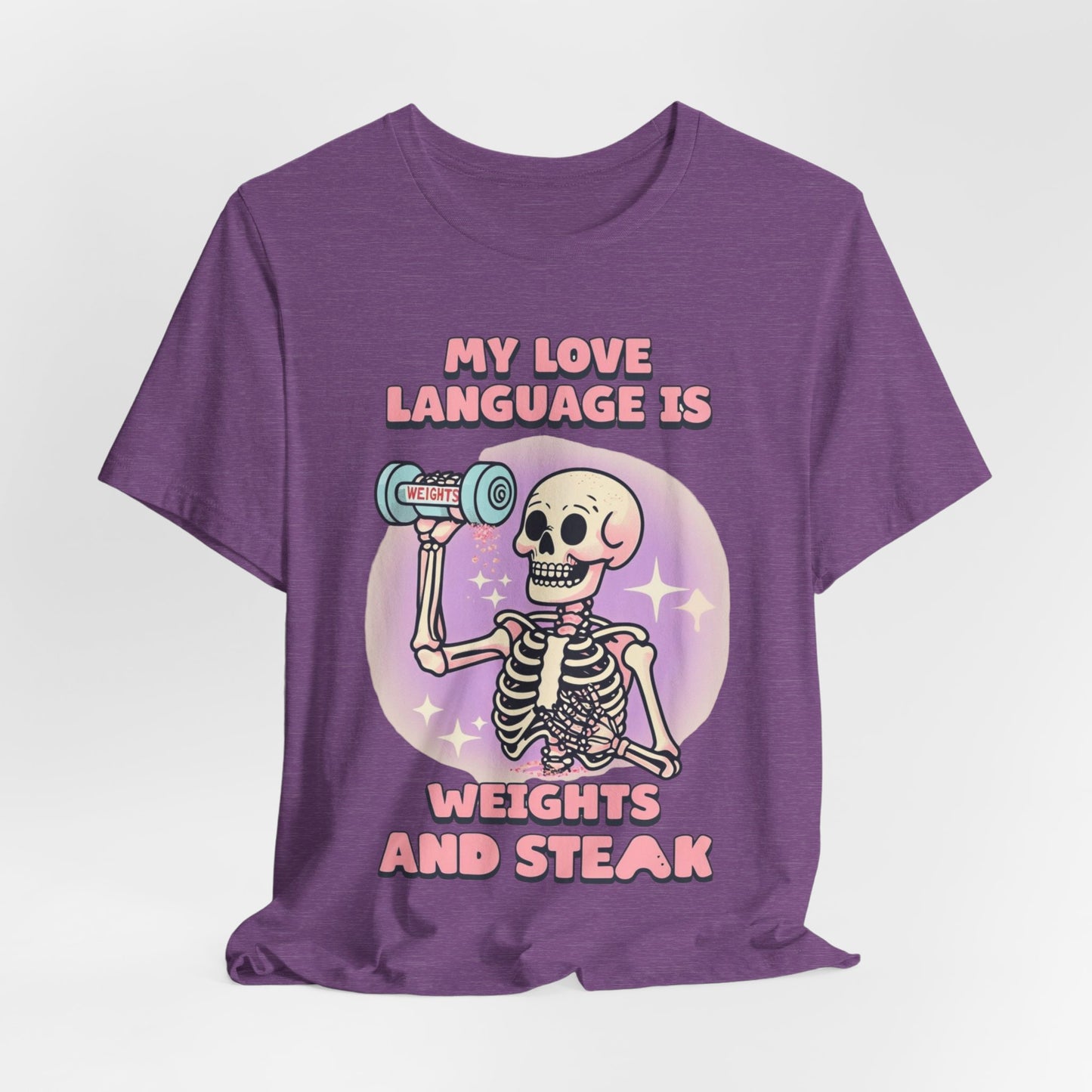 Funny Halloween Weights and Steak Skeleton Unisex Tee, Workout Shirt, Gym T-Shirt, Halloween Costume, Spooky Graphic Tee