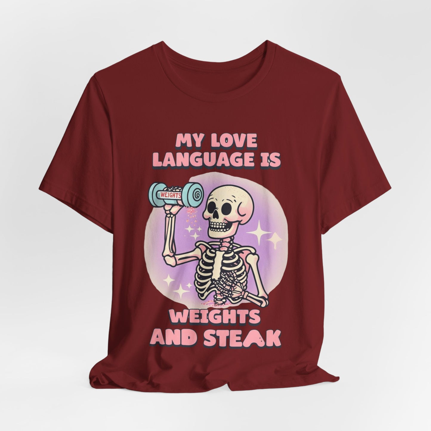 Funny Halloween Weights and Steak Skeleton Unisex Tee, Workout Shirt, Gym T-Shirt, Halloween Costume, Spooky Graphic Tee