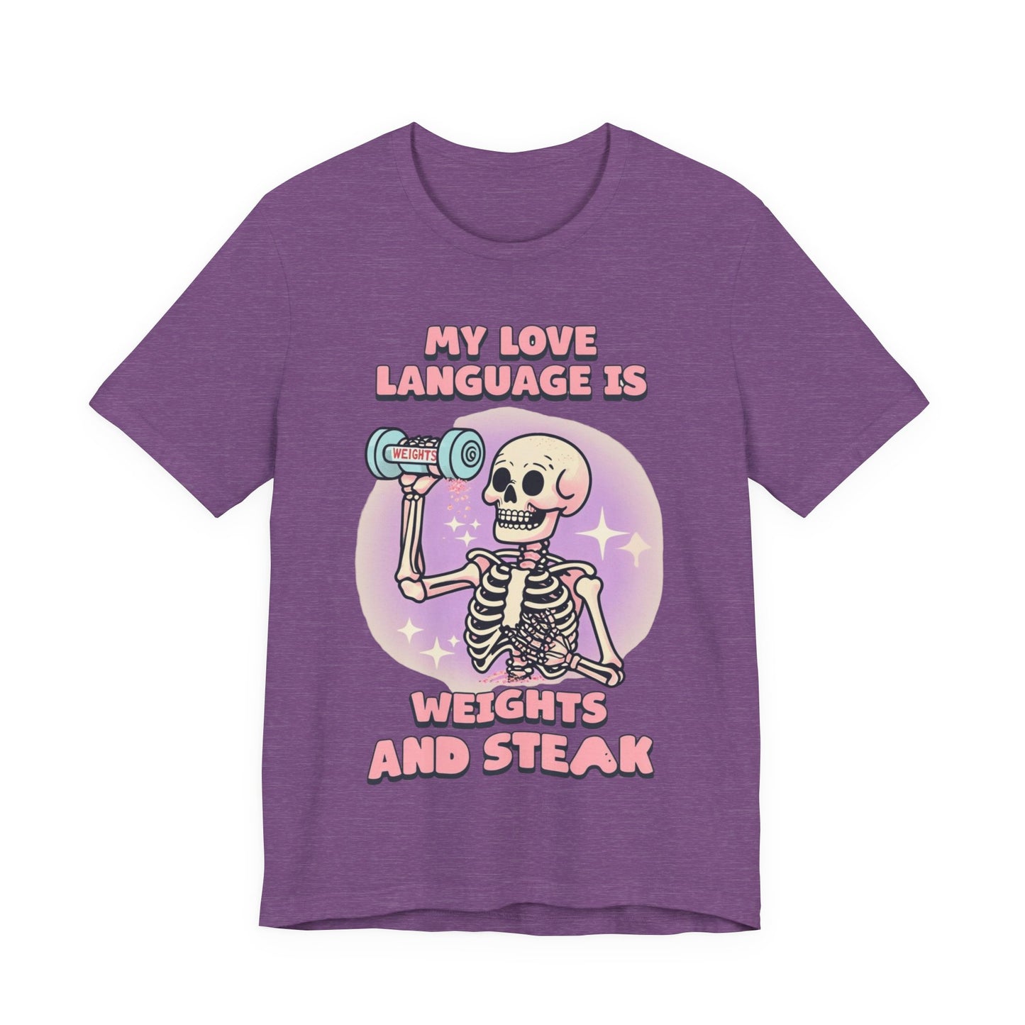 Funny Halloween Weights and Steak Skeleton Unisex Tee, Workout Shirt, Gym T-Shirt, Halloween Costume, Spooky Graphic Tee