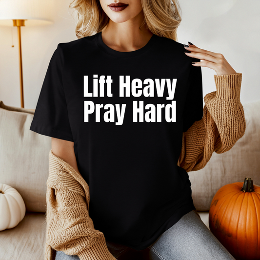 Christian Workout T-Shirt, Religious Exercise Shirt, Inspirational Gym Tee, Unisex Softstyle Top, Lift Heavy Pray Hard Apparel