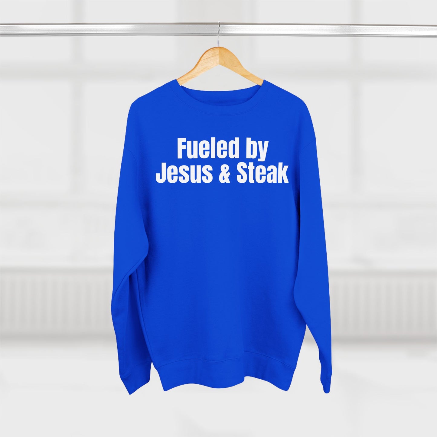 Fueled by Jesus and Steak Unisex Sweatshirt, Christian Crewneck Jumper, Religious Top, Funny Foodie Pullover, Gift for Men and Women