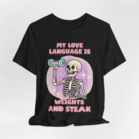 Funny Halloween Weights and Steak Skeleton Unisex Tee, Workout Shirt, Gym T-Shirt, Halloween Costume, Spooky Graphic Tee