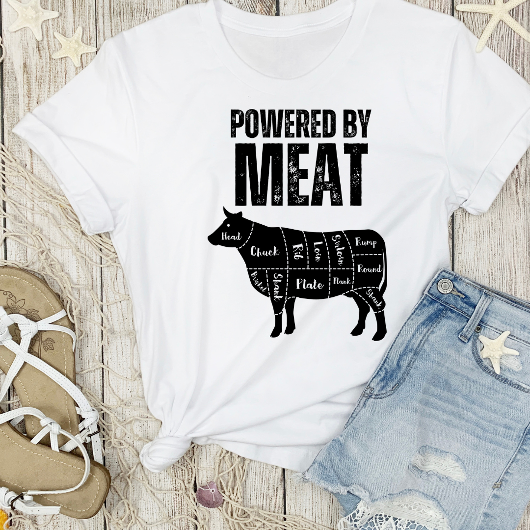Powered By Meat T-shirt Funny Food T Shirt for Foodie gift for Her gifts for Friends Meat Lover gift for Carnivore Shirt