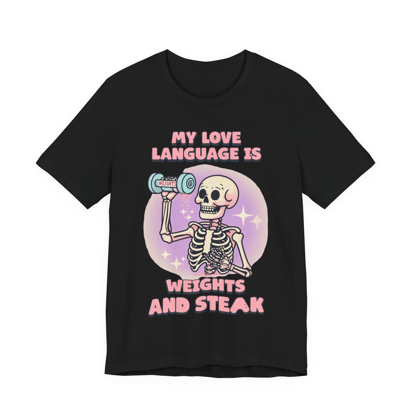 Funny Halloween Weights and Steak Skeleton Unisex Tee, Workout Shirt, Gym T-Shirt, Halloween Costume, Spooky Graphic Tee