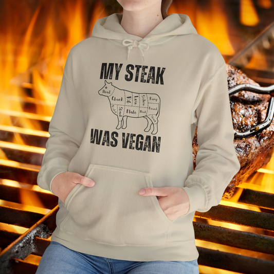 Funny Hoodie for Steak Lover gift for Meat Lovers Hoodies for Carnivore Sweatshirt My Steak Was Vegan Shirt Second Hand Vegan gift for dad