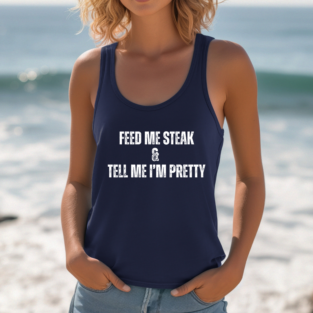 Funny Steak Unisex Tank Top, Men's BBQ Grilling Gift, Feed Me Steak Sleeveless Shirt, Steak Lover Muscle Tee, Summer Foodie Apparel