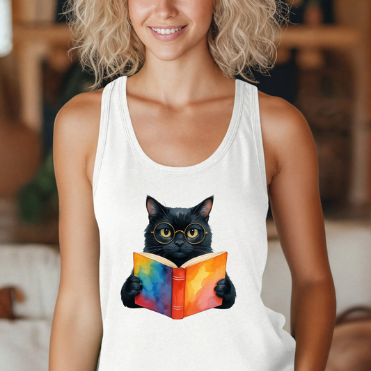 Black Cat Reading a Book Tank Top - Unisex Jersey Tank, Cat Lover Sleeveless Shirt, Bookworm Graphic Tee, Animal Print Vest, Cute Kitten