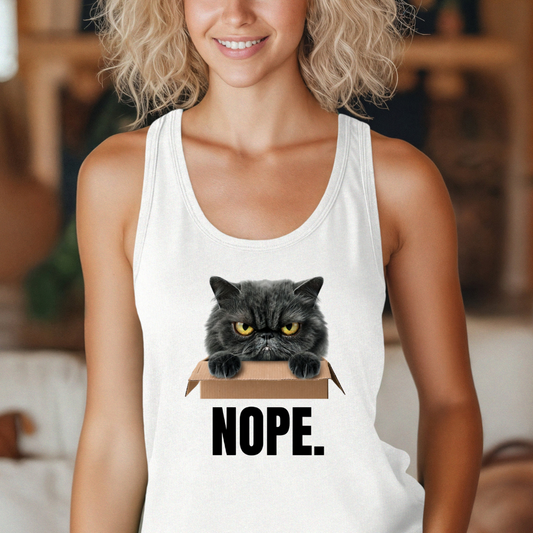 Funny Cat NOPE Tank Top - Cat Lover Gift, Sarcastic Sleeveless Shirt, Unisex Jersey Tank, Summer Apparel, Graphic Tee