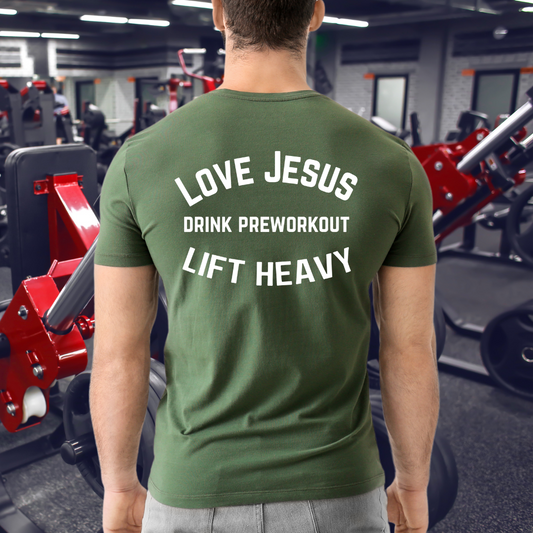 Christian gym Tees for Workout T-shirts for Christians gifts for gym rats gift Love Jesus Drink Pre Workout Lift Heavy Shirts Weightlift