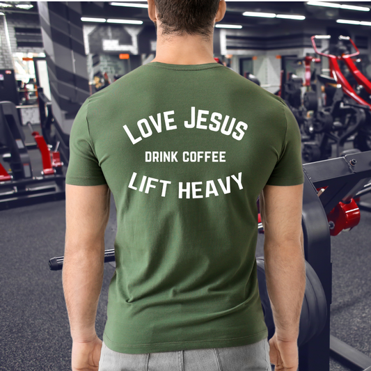 Love Jesus Shirt Lift Heavy Drink Coffee T-shirt for Coffee Lover Tee Shirts for Coffee Addict T-shirts for Christian workout tshirt for gym