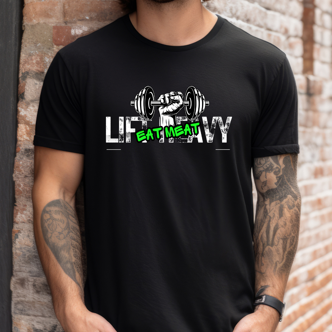 Workout Shirt, Lift Heavy and Eat Meat Fitness Tee, Gym Shirts, Carnivore Diet T-Shirt, Unisex Softstyle Shirt