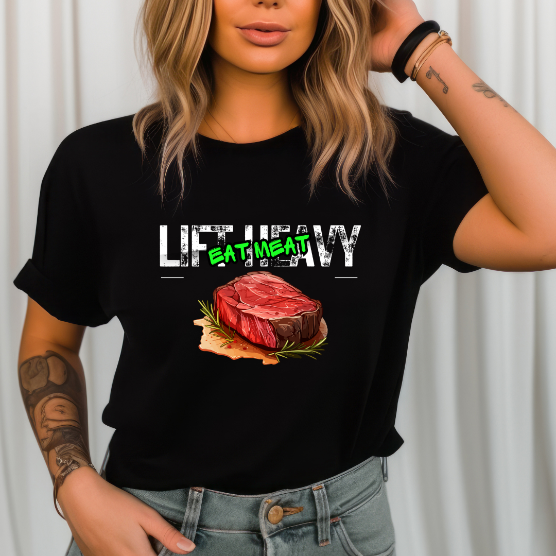Workout Graphic Tee - lift heavy eat meat - carnivore diet shirt - steak lover gift ideas bbq tshirts
