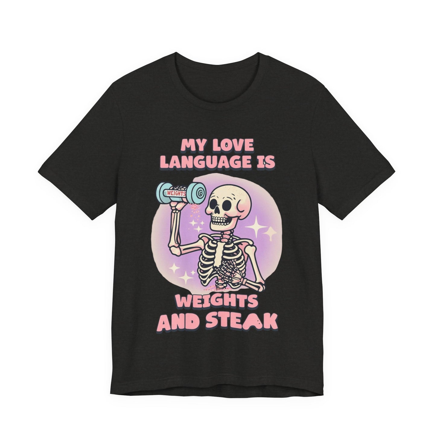 Funny Halloween Weights and Steak Skeleton Unisex Tee, Workout Shirt, Gym T-Shirt, Halloween Costume, Spooky Graphic Tee