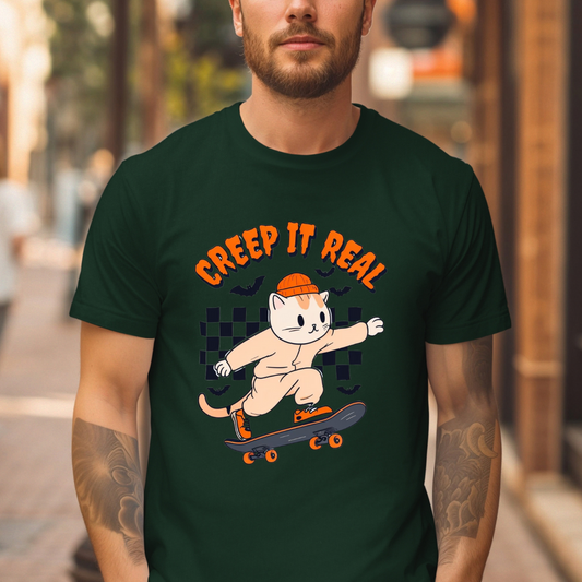 Creep It Real Tshirt Halloween T-shirt Ghost Skateboarding Shirt Halloween T Shirt for Skater gift for Cat Lover gifts Cat Halloween T-shirt