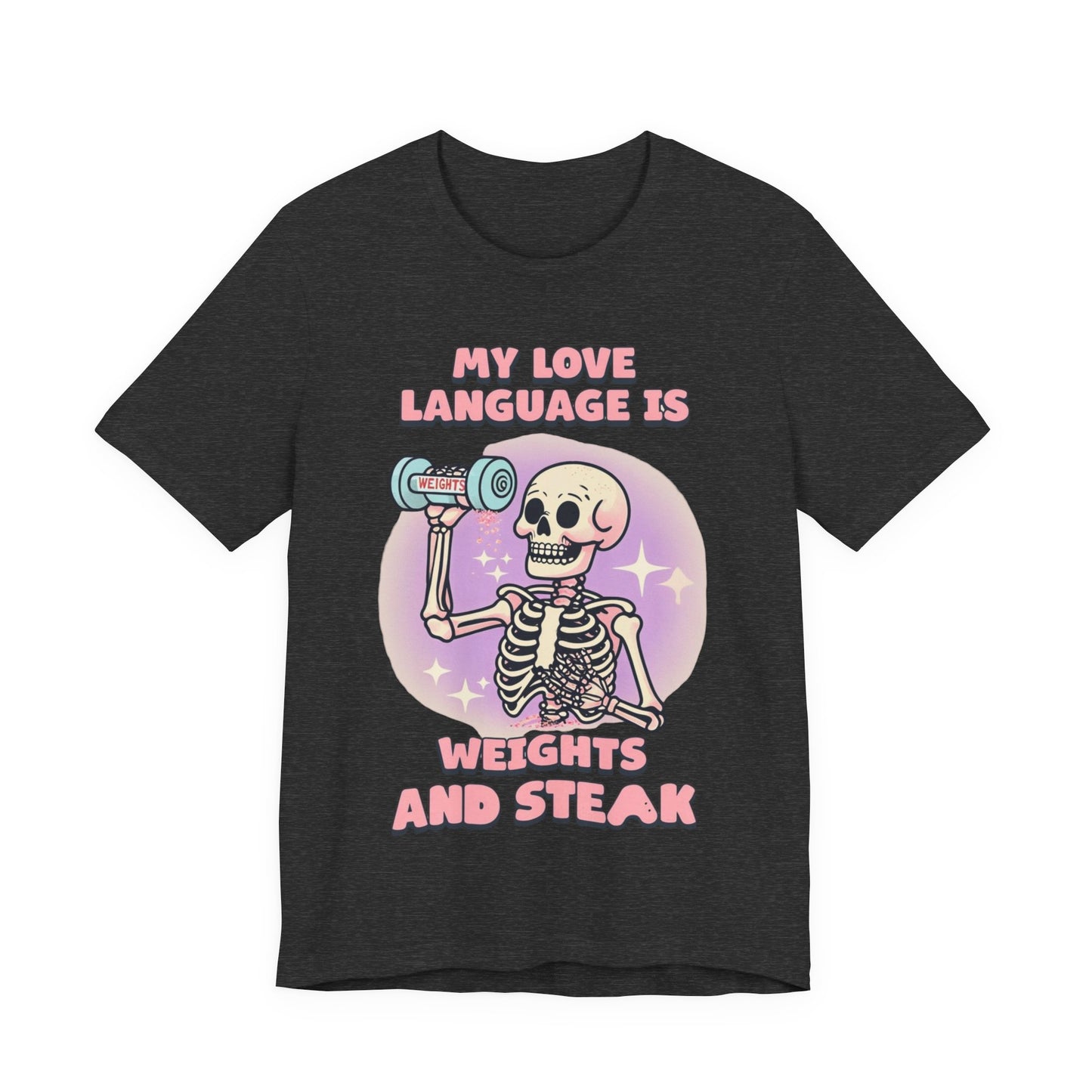 Funny Halloween Weights and Steak Skeleton Unisex Tee, Workout Shirt, Gym T-Shirt, Halloween Costume, Spooky Graphic Tee