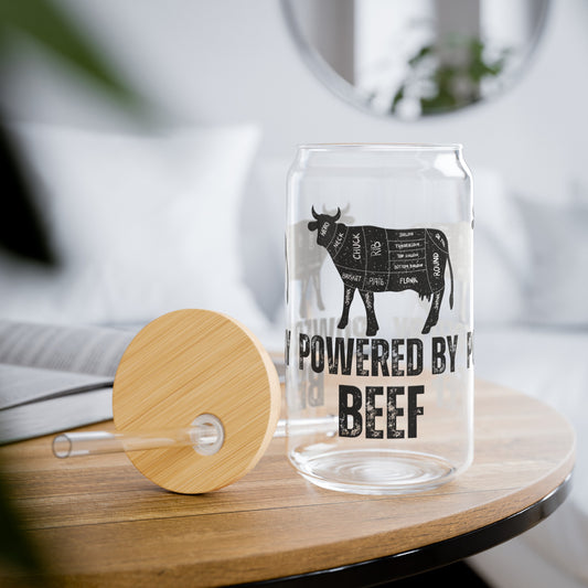 Powered By Beef Glass Carnivore gift idea for Dad or Mom gifts for Meat Lover Cute Sipper Glasses with Bamboo Lid Funny Drink ware